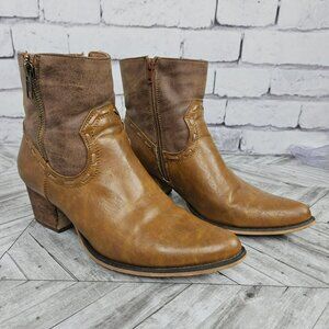 Roper Western Ankle Boots Brown Faux Leather Womens 8 Pointed Toe Zip Block Heel